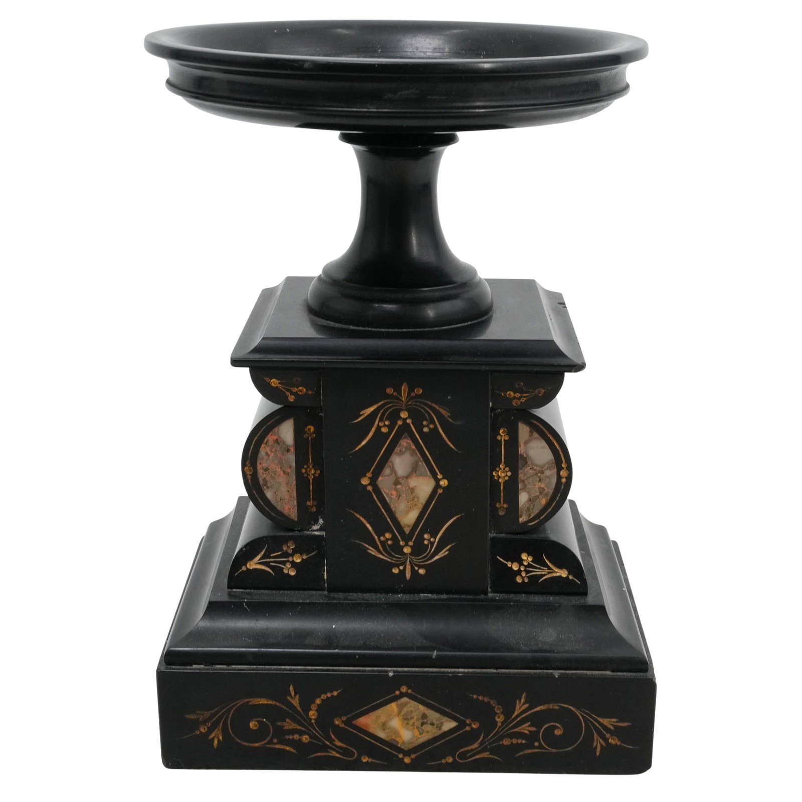 19th Century French Marble Urn Holder: DESCRIPTION: 19th century French black slate and marble urn holder, featuring incised gilt decorations. CIRCA: 19th Century ORIGIN: France DIMENSIONS: H: 8.5" W: 4" L: 6" CONDITION: Good condition Unl