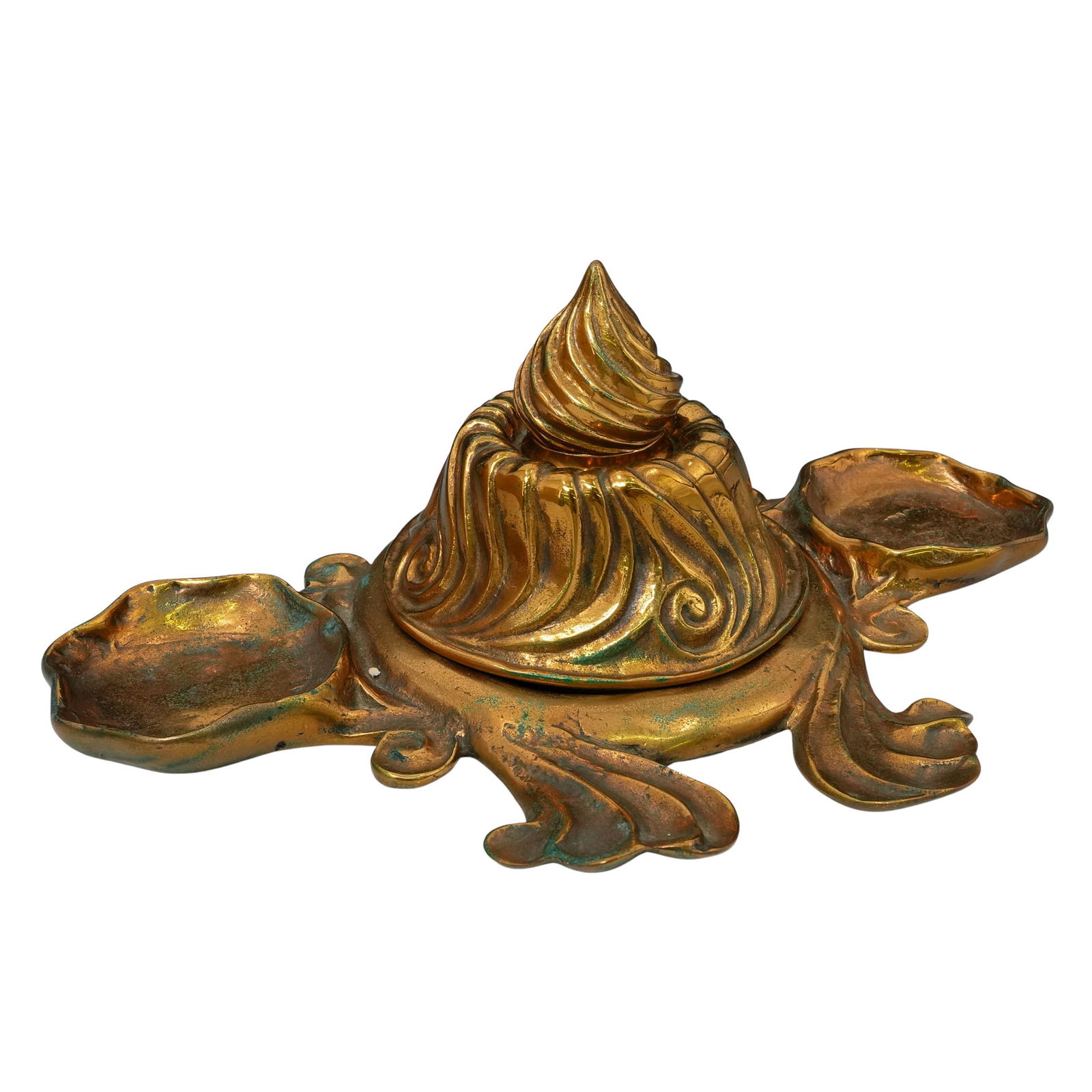 Art Nouveau CH Barr Bronze Inkwell: DESCRIPTION: Art nouveau bronze inkwell, featuring an elaborate swirling design with glass insert. On either side of the central structure, are two small dish like trays. Incised signature underside "