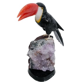 Carved Gemstone Toucan Parrot Bird On Amethyst Cluster
