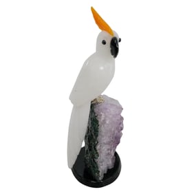 Carved Gemstone White Cockatoo Bird On Amethyst Cluster