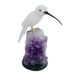 Carved Gemstone Hummingbird On Amethyst Cluster Base