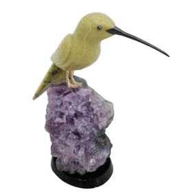Carved Gemstone Hummingbird On Amethyst Cluster Base