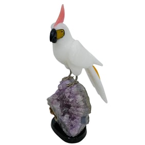 Carved Gemstone White Cockatoo Bird On Amethyst Cluster