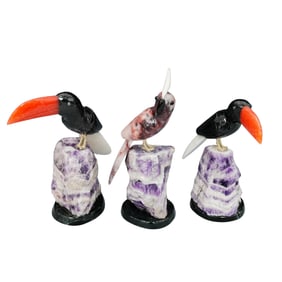 (3 Pc) Carved Gemstone Birds Sculptures On Geode Base