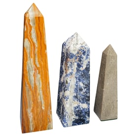 (3 Pc) Onyx Marble and Sodalite Carved Obelisk Sculptures