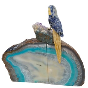 (3 pcs) Sodalite Parrot Figure and Agate Bookends