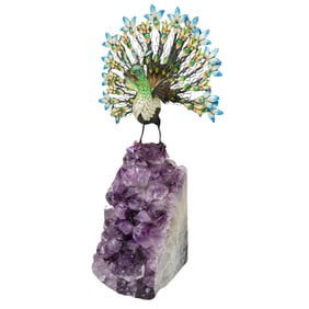 Enamel Peacock Figure on Amethyst
