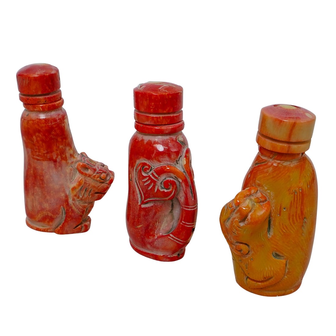 (3pc) Chinese Carved Coral Snuff Bottles (1 of 8)