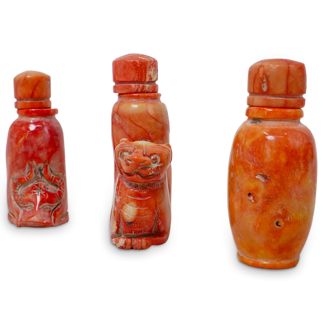(3pc) Chinese Carved Coral Snuff Bottles (1 of 8)