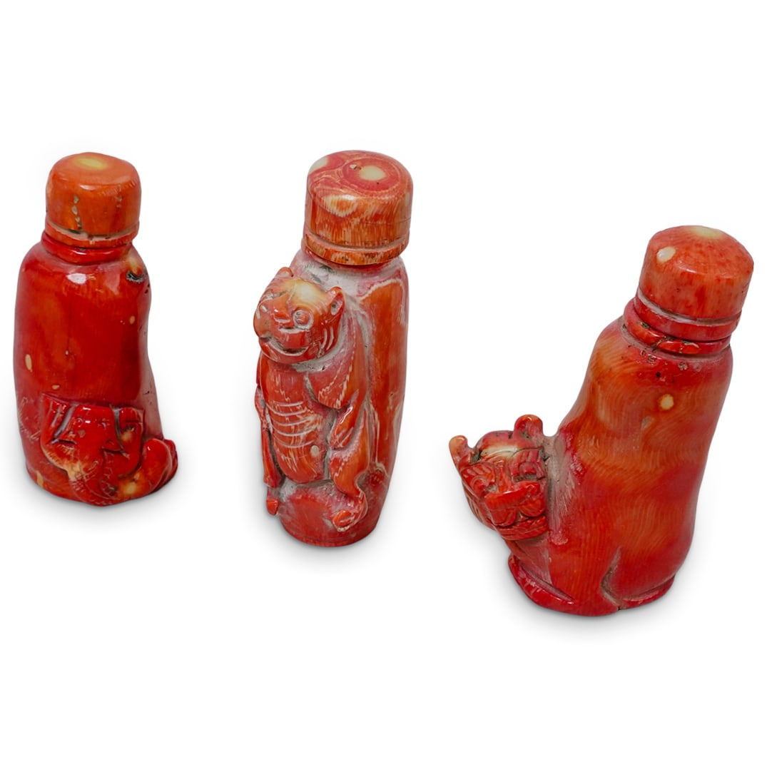 (3pc) Chinese Carved Coral Snuff Bottles (1 of 8)