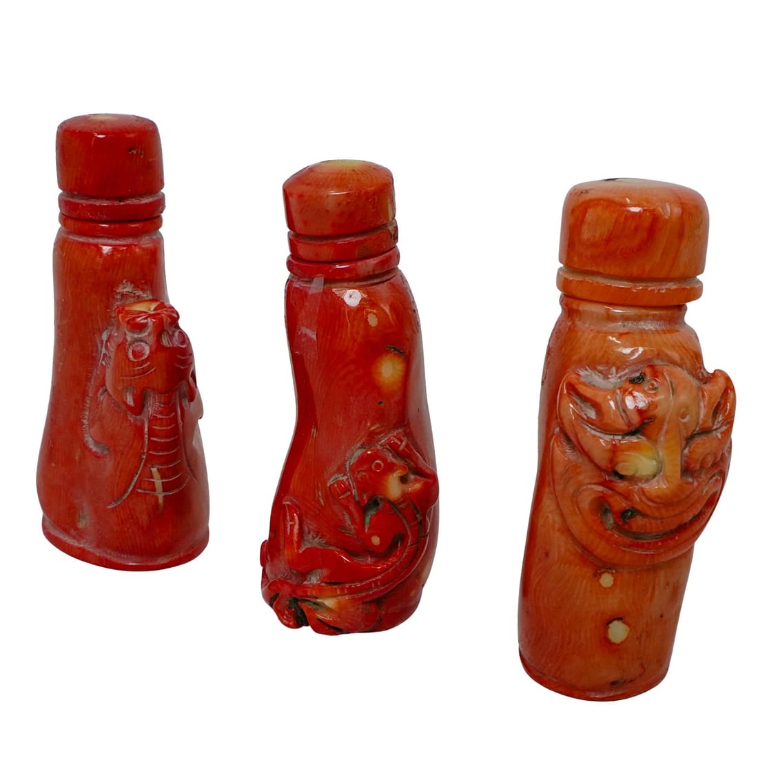 (3pc) Chinese Carved Coral Snuff Bottles (1 of 9)