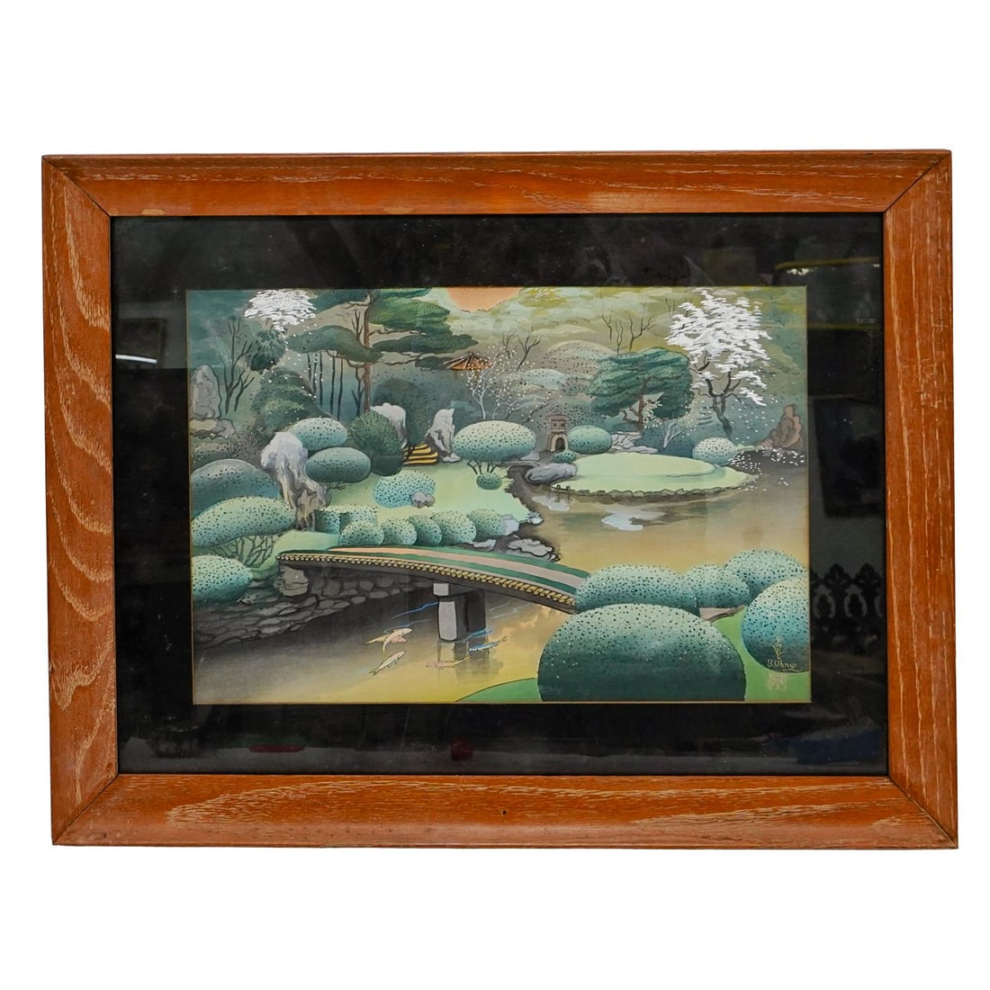 Bakufu Ohno (Japanese, 1888-1976) Woodblock Print: DESCRIPTION: Bakufu Ohno (Japanese, 1888-1976) colorful woodblock print, depicting a Japanese landscape with a large pond and bridge, signed lower right corner. Matted and framed. CIRCA: 1950 ORIGIN: 