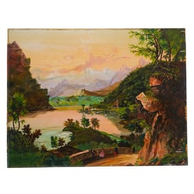 Folk Art Landscape Oil on Canvas Painting
