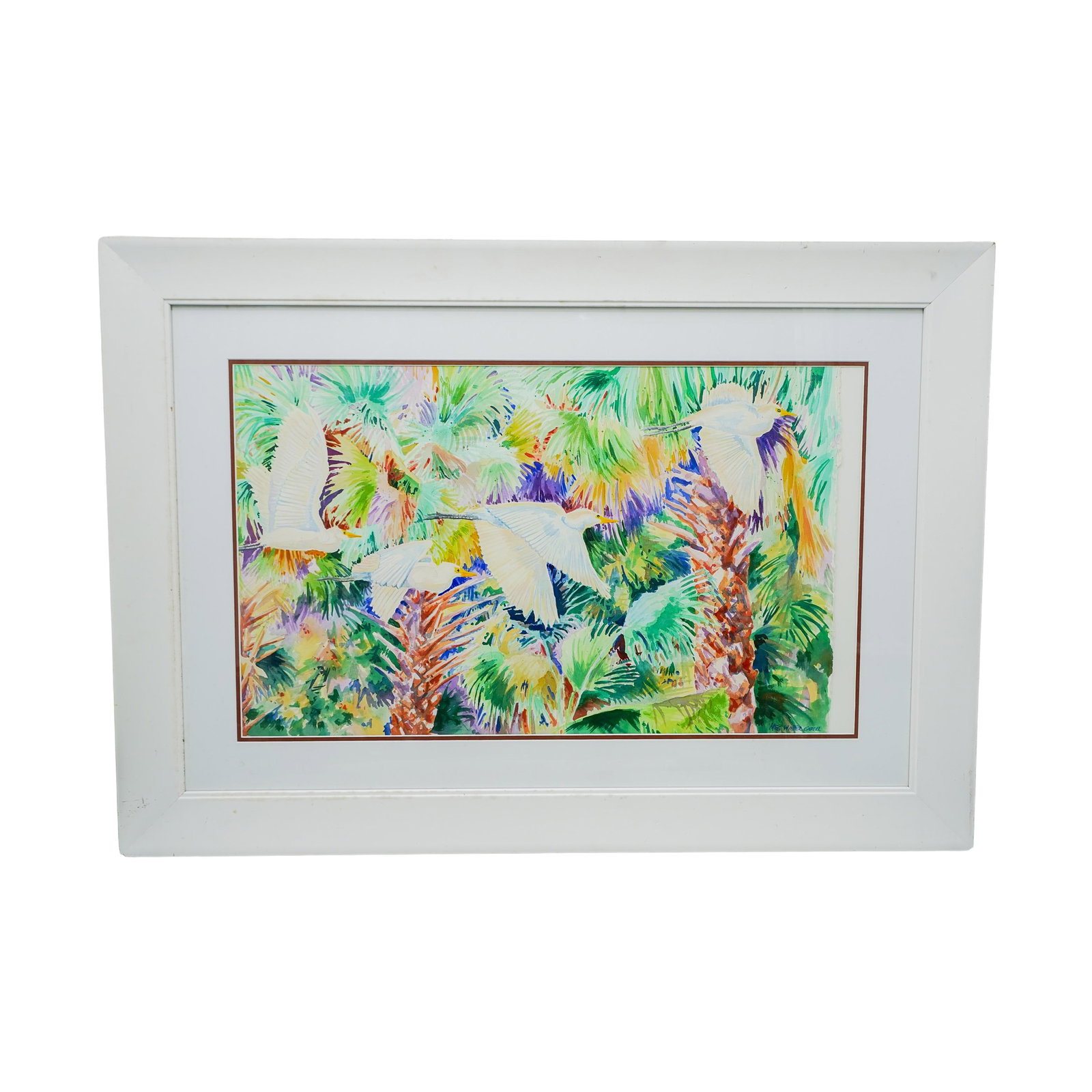 Meg Winter Watercolor Painting: DESCRIPTION: Florida native Meg Winter creates a beautiful watercolor scene of tropical birds against a background of green palms. Frame is a white wooden construction. Frame measures 41.5" x 30" Pain