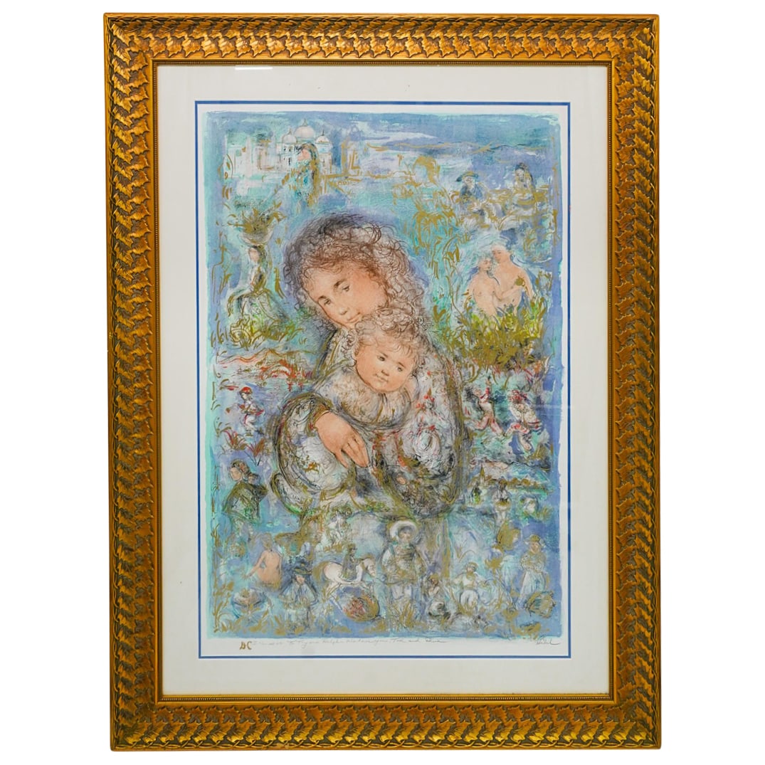 Edna Hibel (American, 1917) "The Epic" Lithograph: DESCRIPTION: Edna Hibel stone lithograph titled "The Epic". Depicts a mother holding a child while surrounding human figures perform various tasks including carrying baskets, horseback riding, and oth