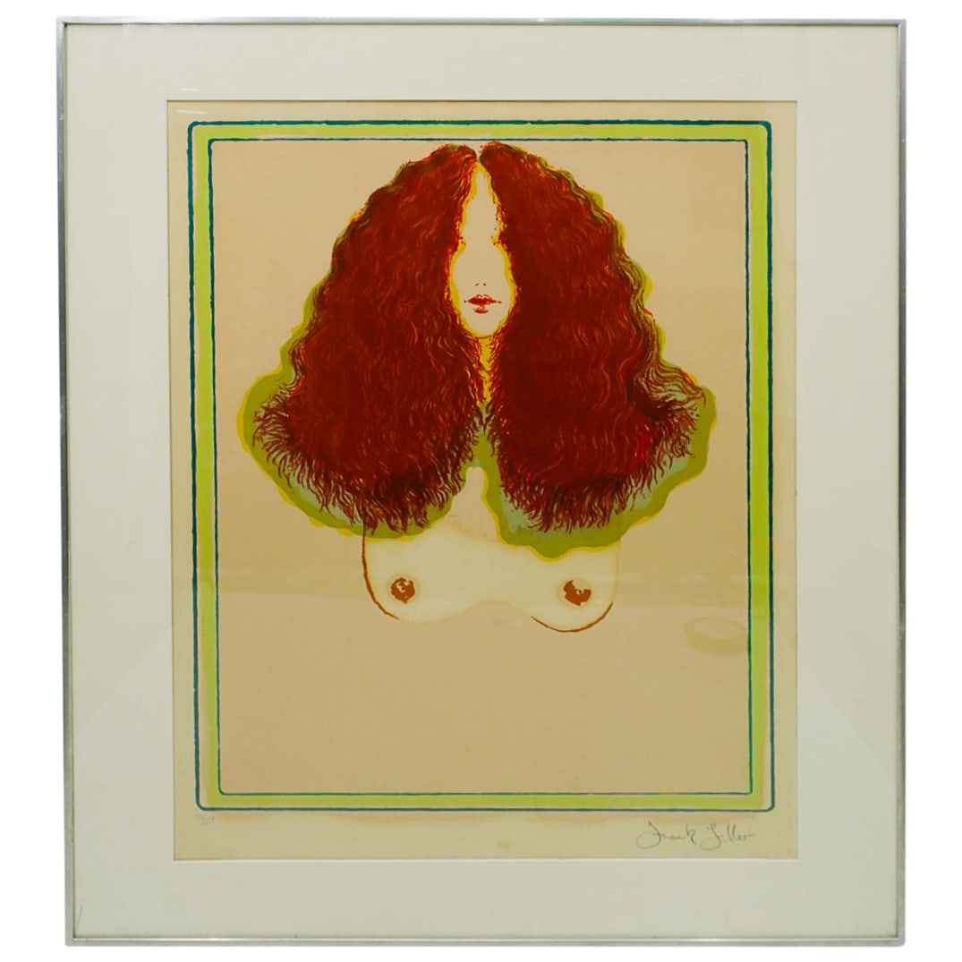 Frank Gallo (AMERICAN, 1933-2019) Lithograph "Sue": DESCRIPTION: Frank Gallo (1933-2019) often depicted women in nude or semi-nude positions in his lithographs. This piece is entitled "Sue" and is marked 173/285 in the lower left along with a seal pres