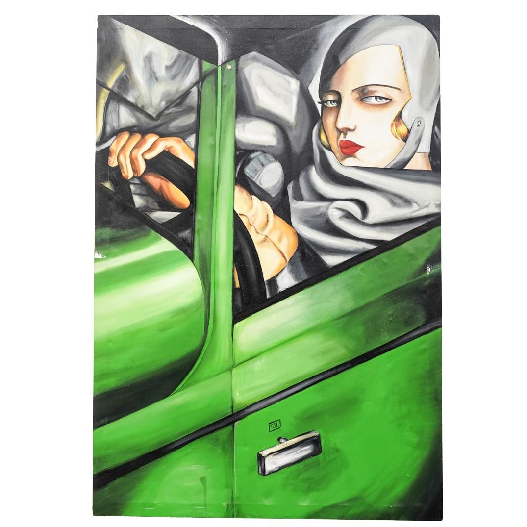 After Tamara de Lempicka (Polish, 1898-1980) Oil on Canvas: DESCRIPTION: After Tamara de Lempicka (Polish, 1898-1980) Oil on canvas, after a painting titled "Self Portrait in the Green Bugatti". Depicting an Art Deco stylized blonde woman driving in a green Bu