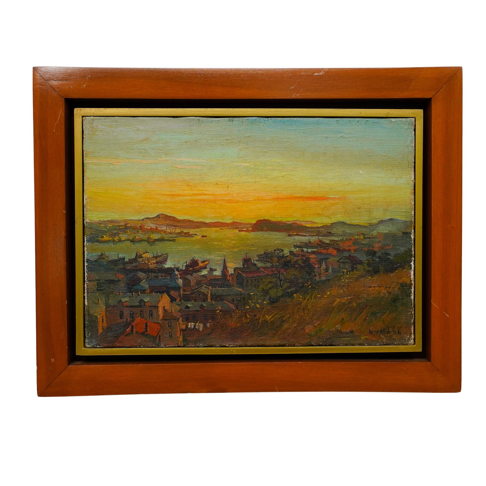 European Landscape Oil Painting: DESCRIPTION: Oil on canvas. European village at sunset impressionist style artwork. Signed by artist on bottom right. There is light wear on canvas edges. Inner frame is a gold metal affixed to an out