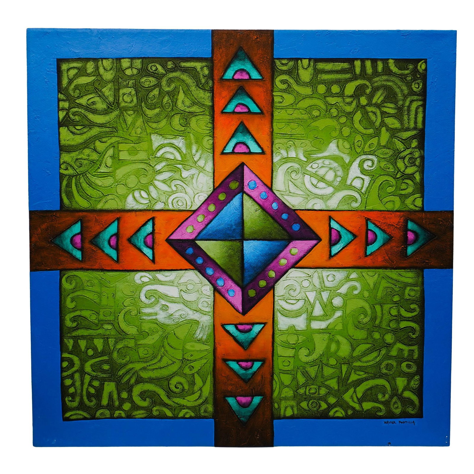 Xavier Portilla "Equinoccio de Luz" Painting (2005): DESCRIPTION: Artist Xavier Portilla mixed media artwork titled "Equinoccio de Luz". Marked "COD: XP-598, Ecuador, 2005" on back. Use of bright colors and bold shapes are typical of his style. Signed l