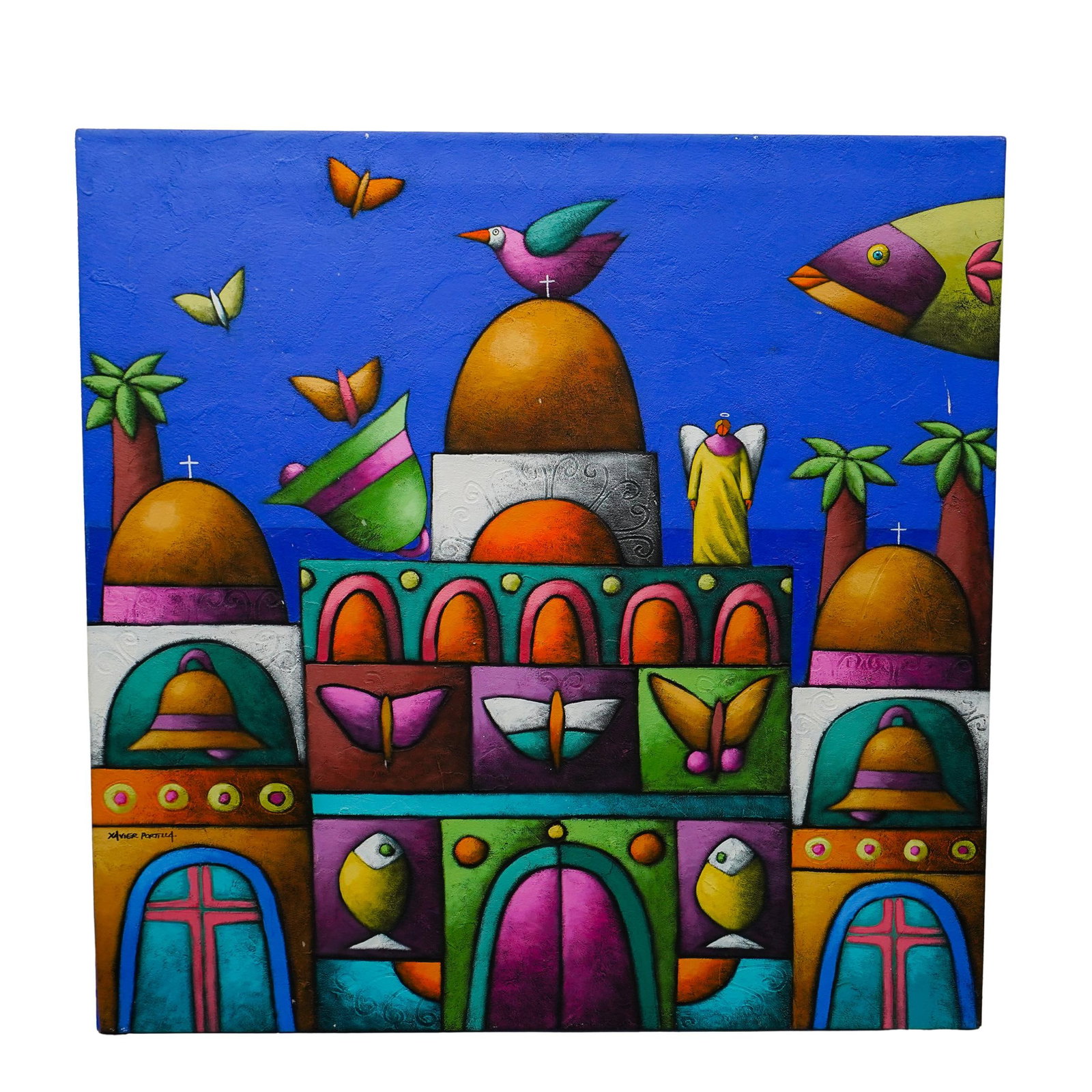 Xavier Portilla "Capilla En Mar Azul" Painting (2006): DESCRIPTION: Xavier Portilla mixed media artwork titled "Capilla En Mar Azul". Marked on back "Cod: XP-708, Ecuador, 2006". Features bright colors and bold shapes to create an abstract chapel landscap