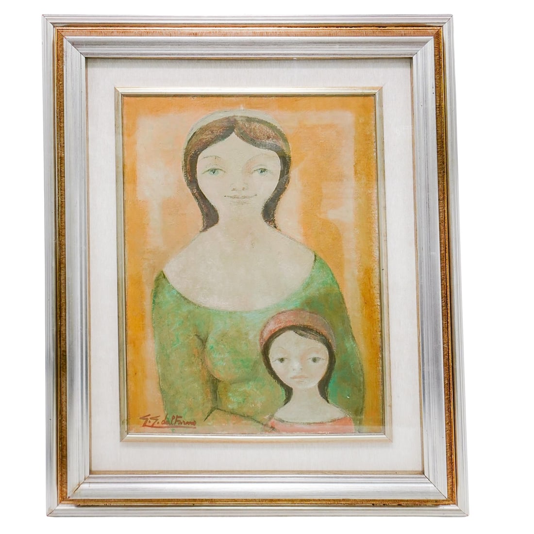 Gian Giacomo Dal Forno (Italian, 1909-1989) Oil on Canvas Painting: DESCRIPTION: Gian Giacomo Dal Forno (Italian, 1909-1989) Oil on canvas painting, depicting a mother and child on a yellow ground. Signed bottom left "G.G. Dal Forno" and on verso "Madre e Figlia GG Da