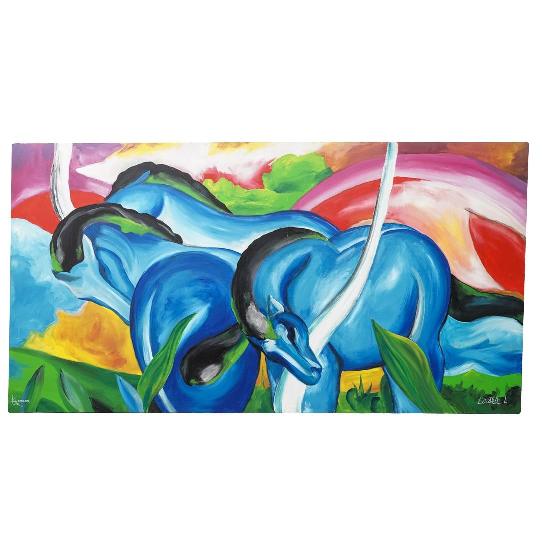 After Franz Marc (German, 1880-1916) Large Oil on Canvas Painting: DESCRIPTION: After Franz Marc (German, 1880-1916) "The Large Blue Horses" expressionist painting, depicting three blue horses in a vibrant landscape. Signed bottom left "Kesseler 2K" Signed bottom rig