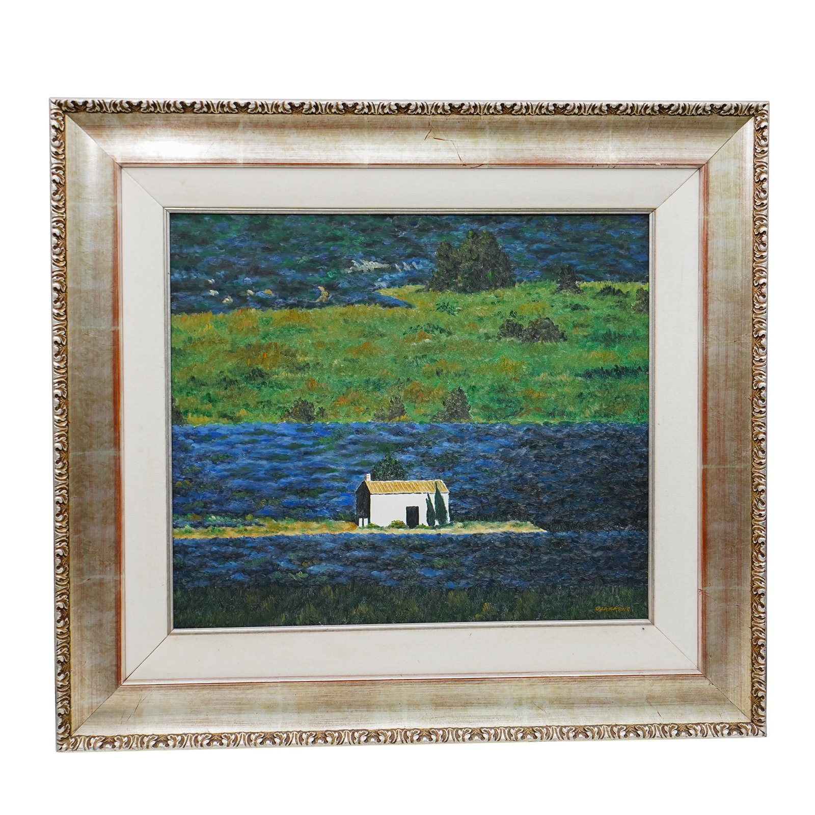 Impressionist Landscape Oil Painting: DESCRIPTION: Oil on canvas painting in an Impressionist style. Visible light brushstrokes "en plein air" with an emphasis on an realistic representation of light through an unusual angle of the stark 