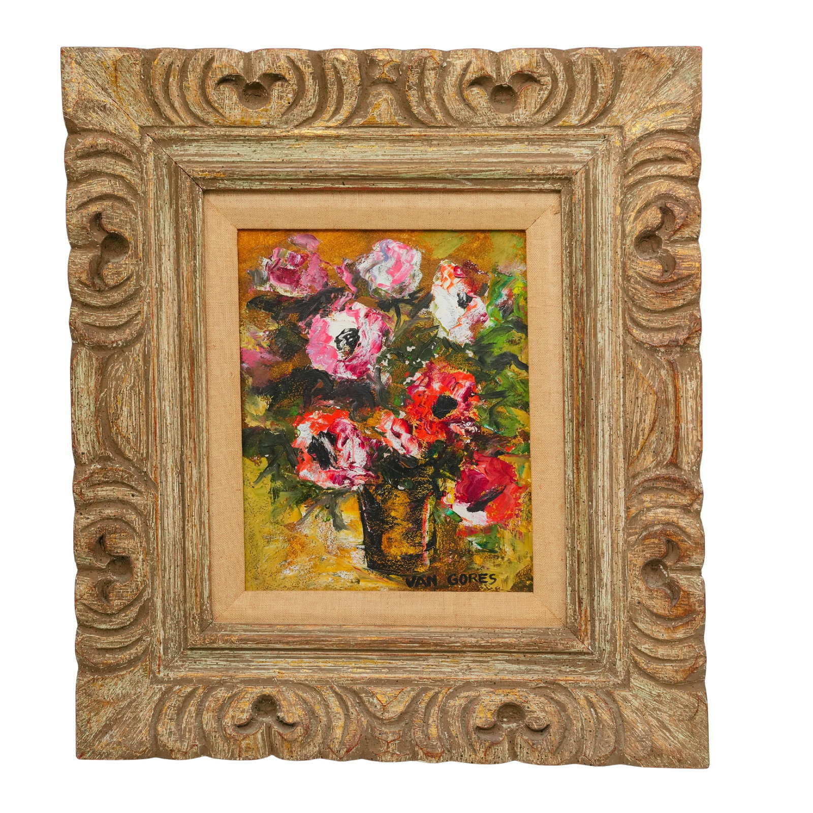Signed Still Life Floral Oil On Canvas Painting: DESCRIPTION: Signed Still Life Oil On Canvas Painting depicting a central vase with flowers. Signed 'Van Gores'. With carved ornate Italian wooden frame. CIRCA: Mid 20th Century ORIGIN: Continental DI