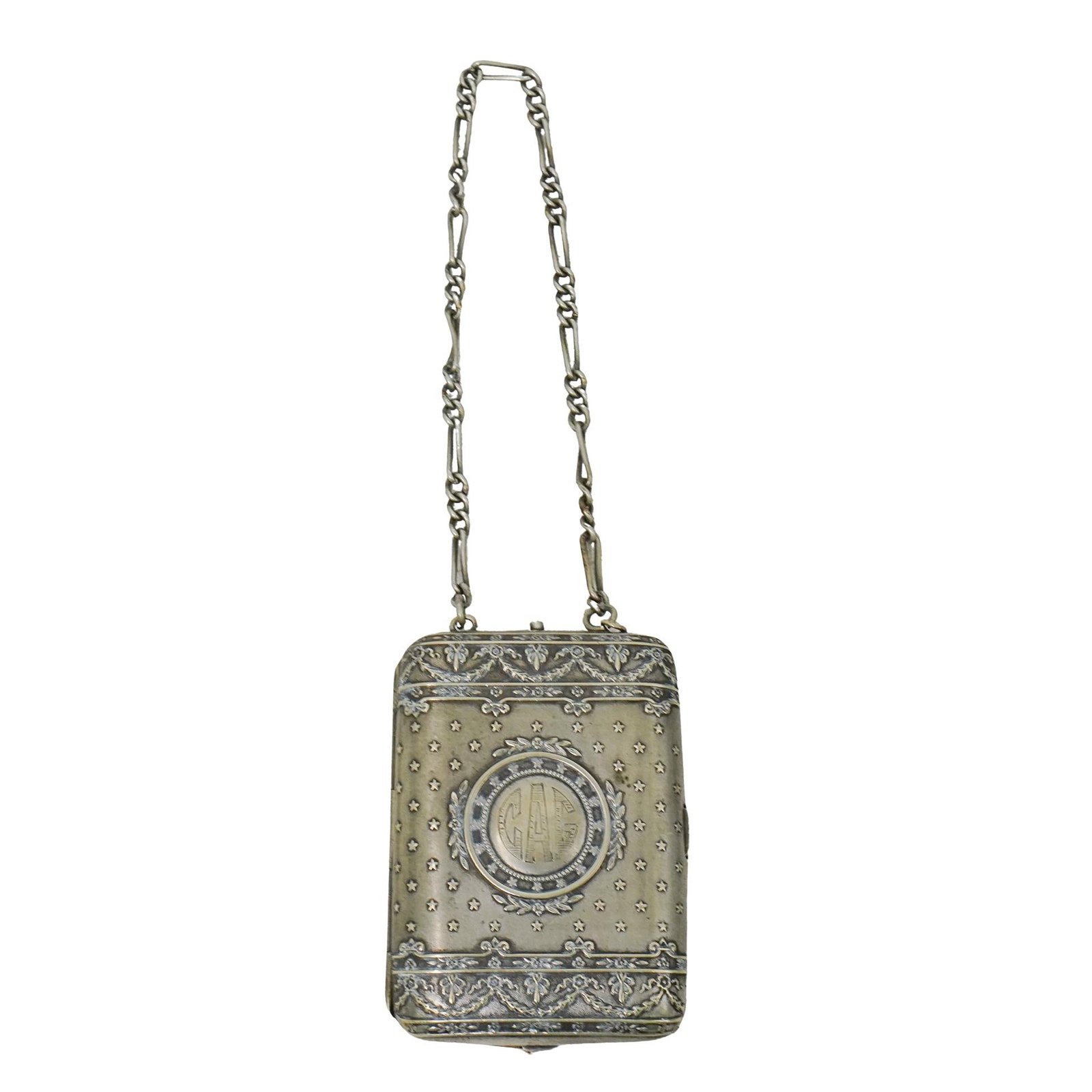 Antique Silver Plated Hinged Ornate Chatelaine Case: DESCRIPTION: Antique Silver Plated Hinged Ornate Chatelaine Case. Decorated with an embossed exterior, with etched monogram CAG and with a gold tone wash interior, with separate coins compartments. Wi