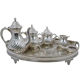 (6 Pc) Antique Silver Plated Tea Service Set W/ Tray