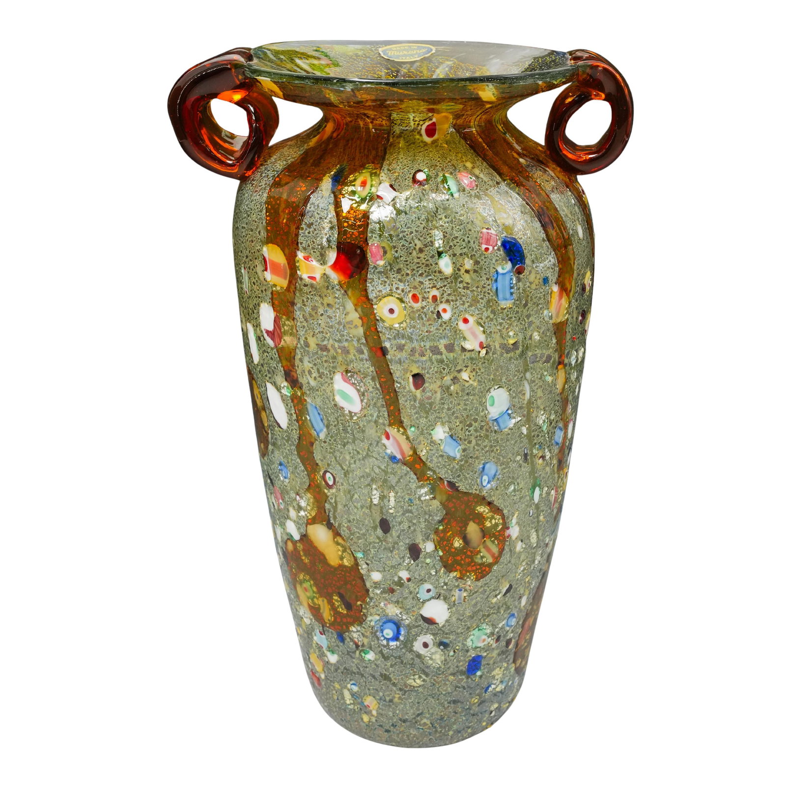 Murano Glass Vase: DESCRIPTION: Murano glass vase with multi-colored inclusions and two amber-colored handles. Marked with original Murano Italy sticker on mouth rim. Mouth opening is a diameter of 2 1/2". CIRCA: 20th c