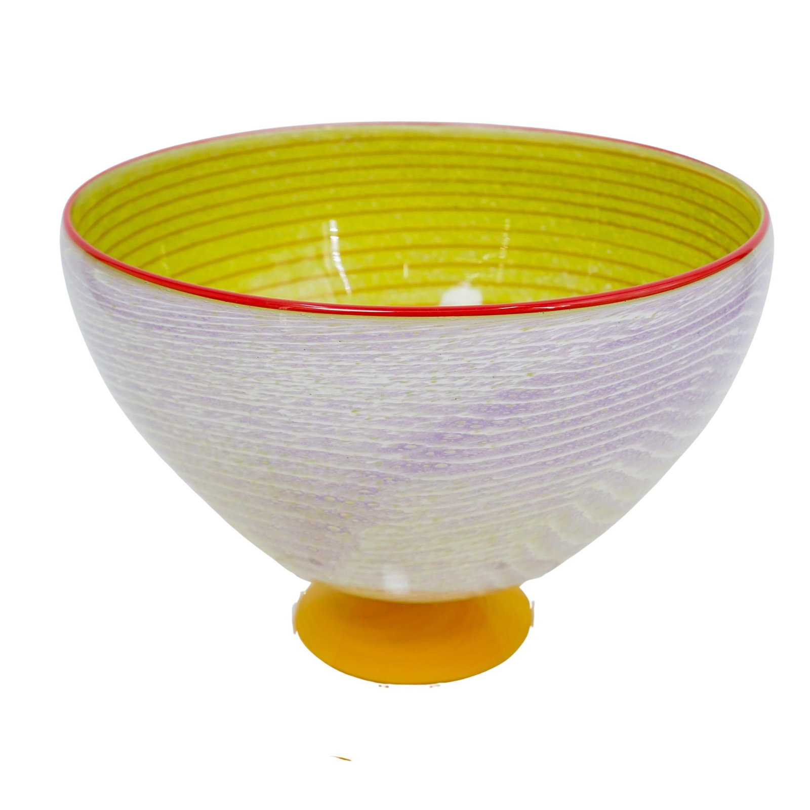 Harry Stuart RPM Studios Art Glass Bowl: DESCRIPTION: This is a art glass bowl by Harry Stuart with a unique design. The interior is bright yellow-green with thin red concentric rings. The rim of the bowl is accented with a bold red edge. Th