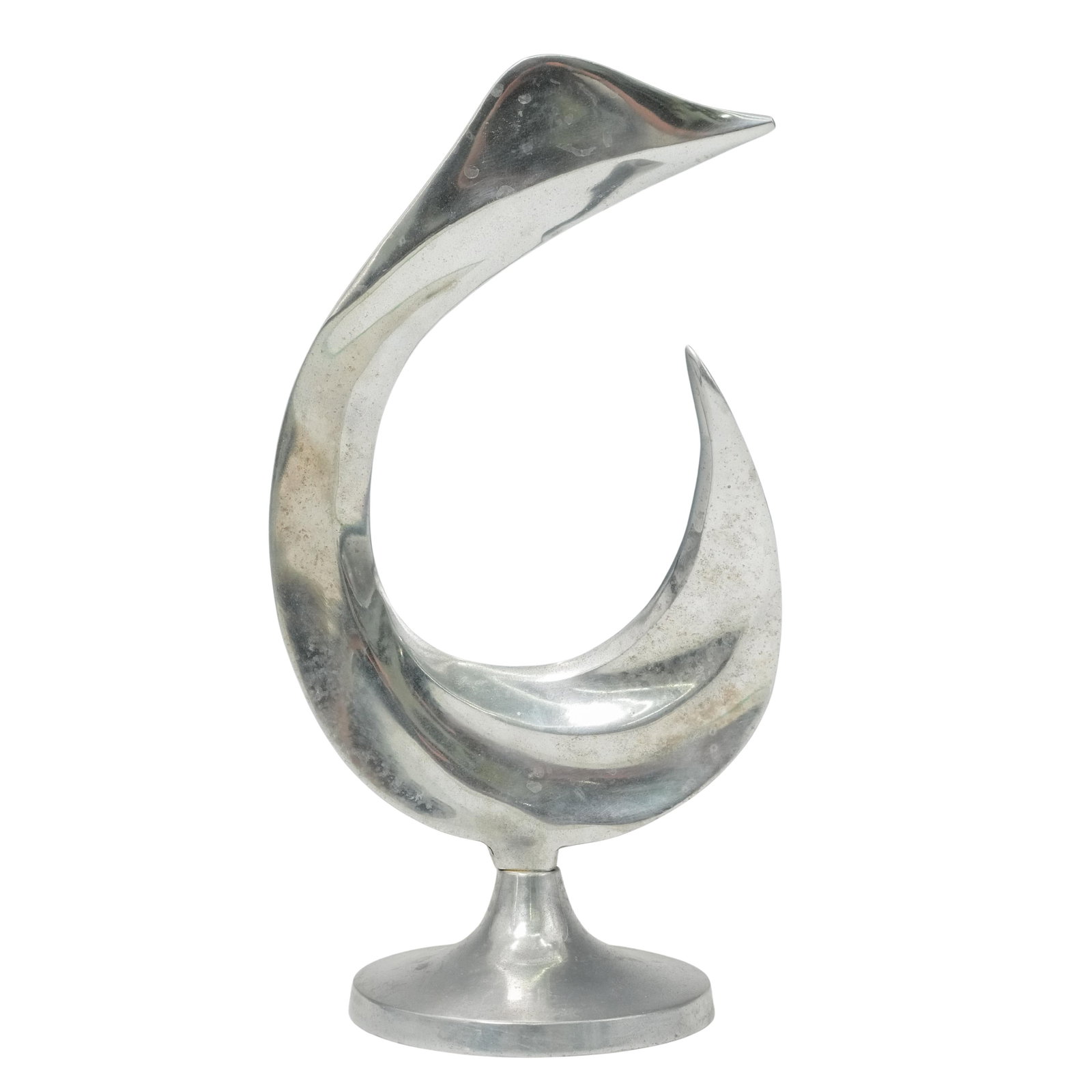 Modern Abstract Aluminum Sculpture: DESCRIPTION: A Modern aluminum sculpture designed with an organic abstracted shape on a circular base. CIRCA: 20th Century ORIGIN: Continental DIMENSIONS: H: 16 1/4" W: 8" CONDITION: Good condition Un