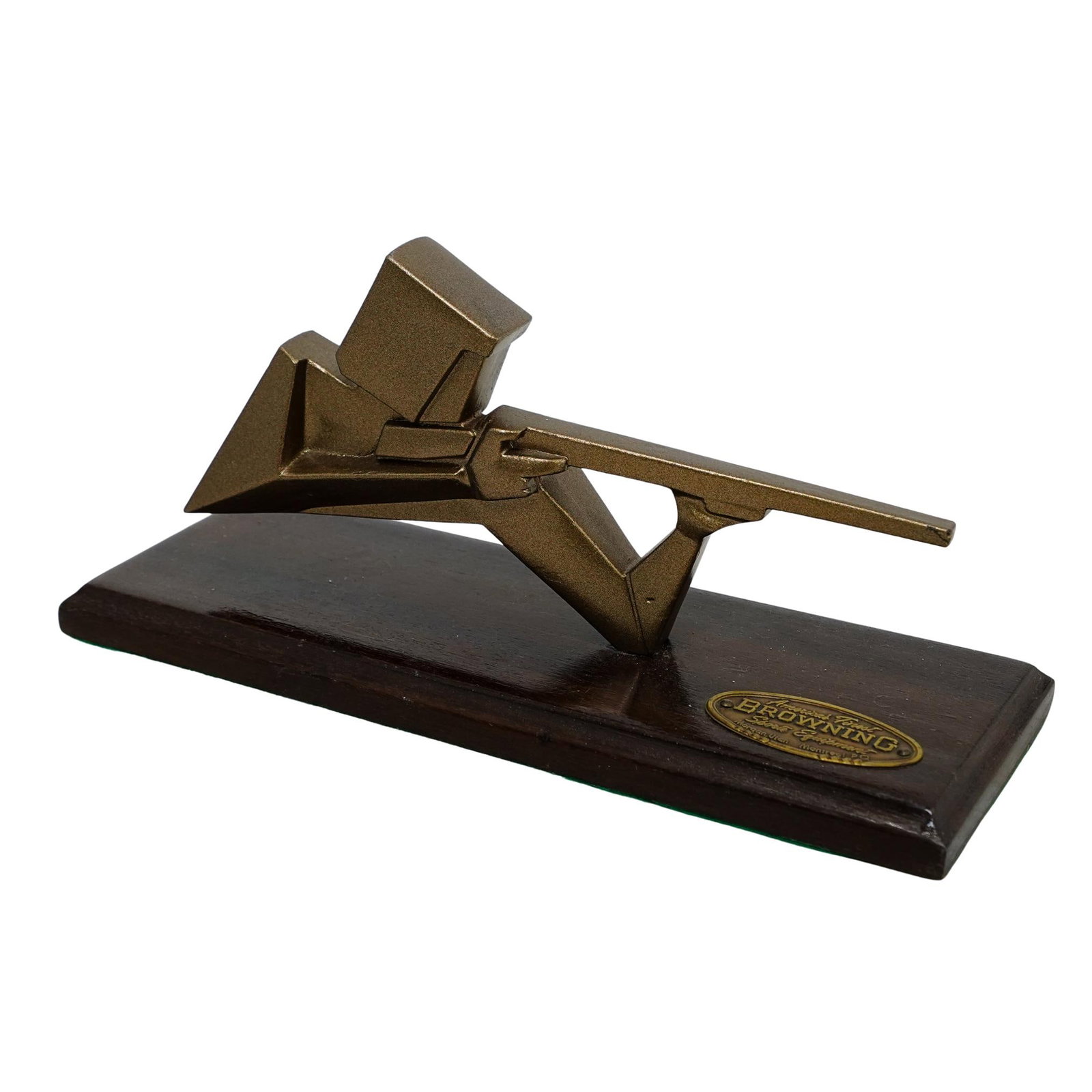 Vintage Browning Shooting Trophy: DESCRIPTION: Vintage Browning Shooting Trophy. Depicts a figure holding a rifle in a shooting position. On a wooden rectangular base, with engraved plaque that reads: "America's Finest BROWNING Sports