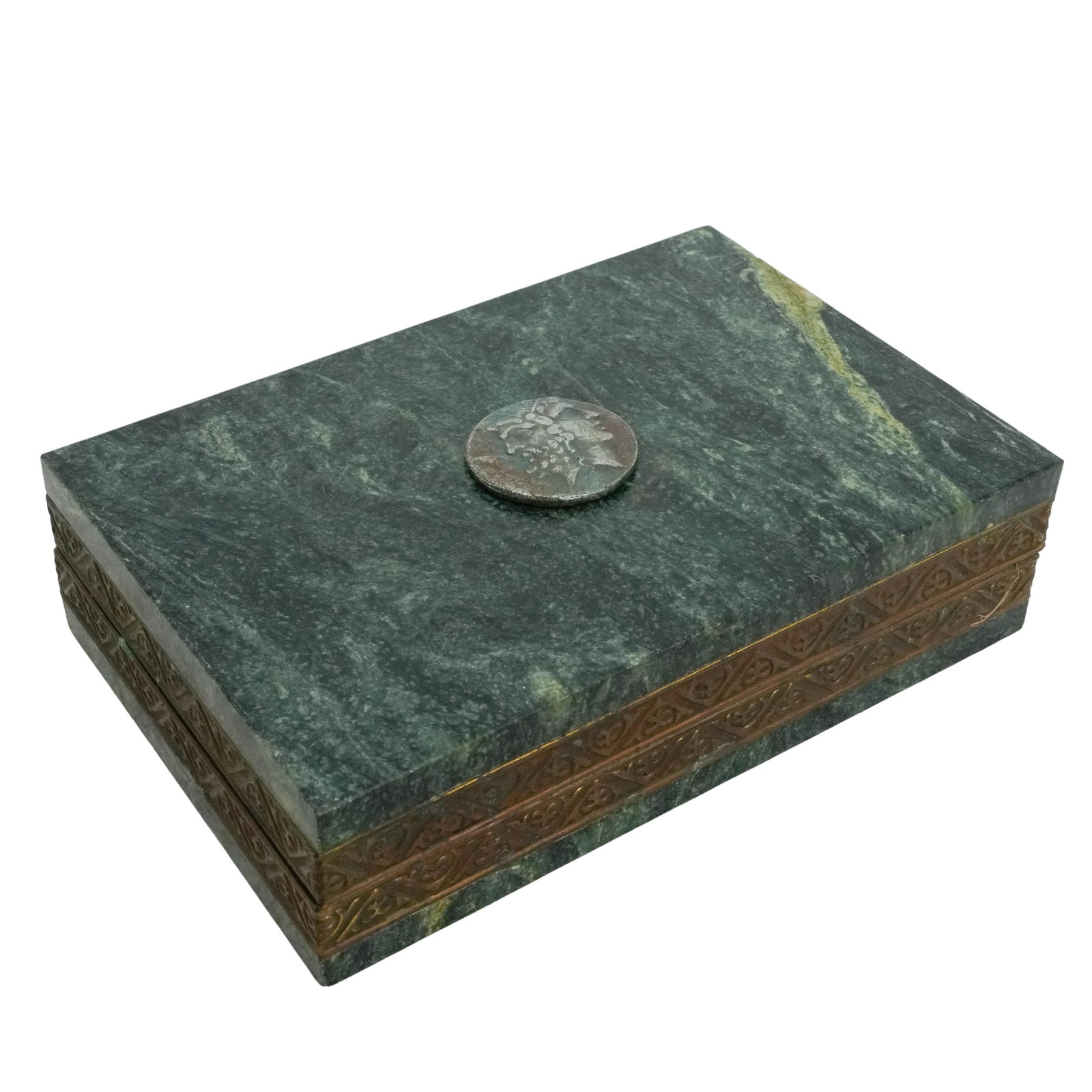 Vintage Stone Trinket Box with Medallion: DESCRIPTION: Trinket box made of a dark green stone construction and lined with red velvet-like fabric. The top has a small medallion portrait in a Roman style. CIRCA: 20th century ORIGIN: Continental