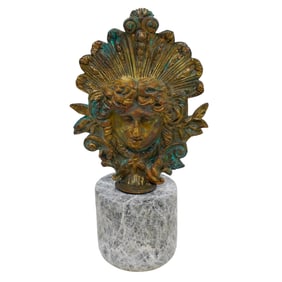 Brass Neoclassical Face Figure on Marble Base
