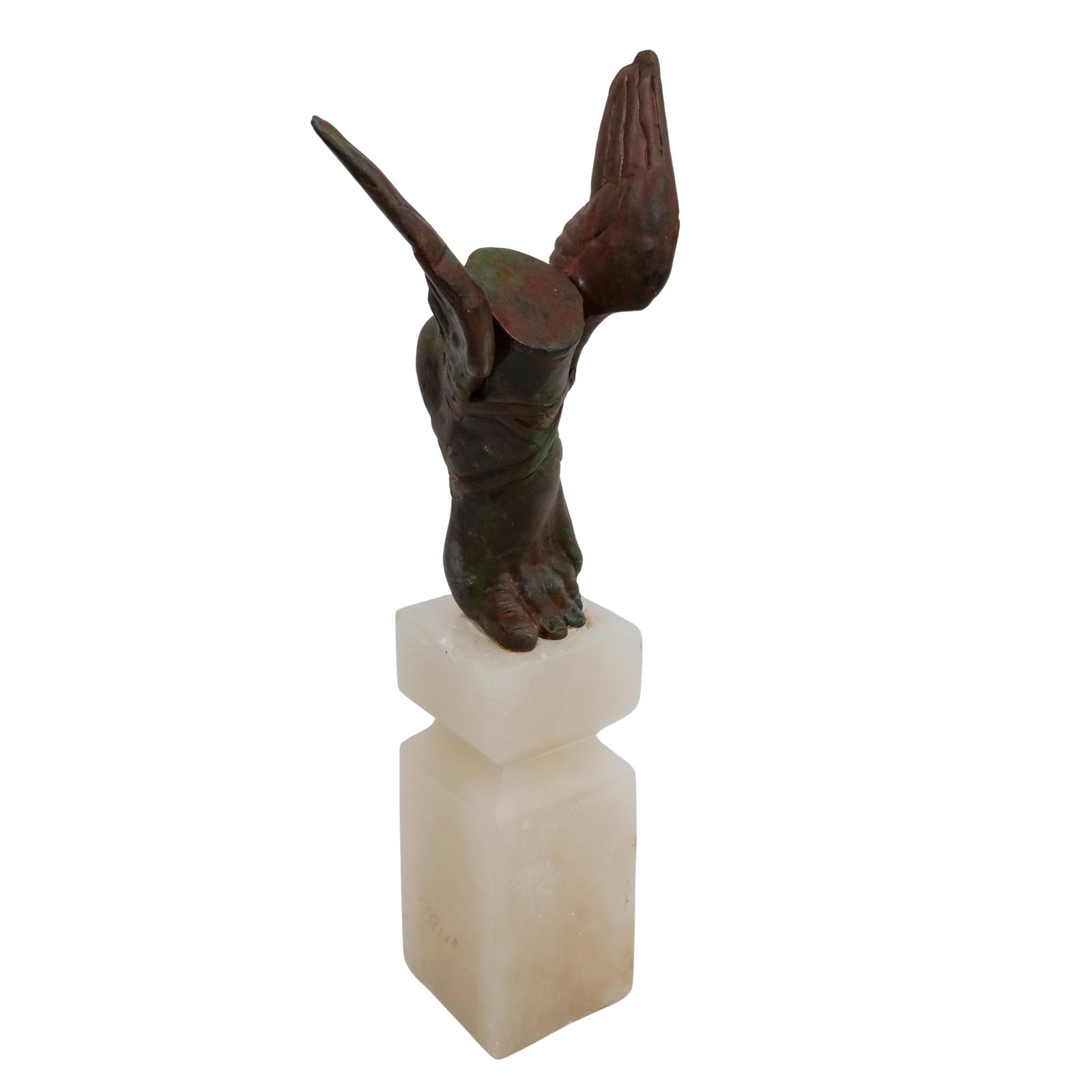 Mixed Metal Nike Sculpture on Onyx Base: DESCRIPTION: Nike goddess of victory sculpture on a white onyx base. Sculpture measures: H: 8.75" W: 5" Base measures: L: 6.5" W: 2.5" CIRCA: 20th century ORIGIN: Continental DIMENSIONS: See above CON