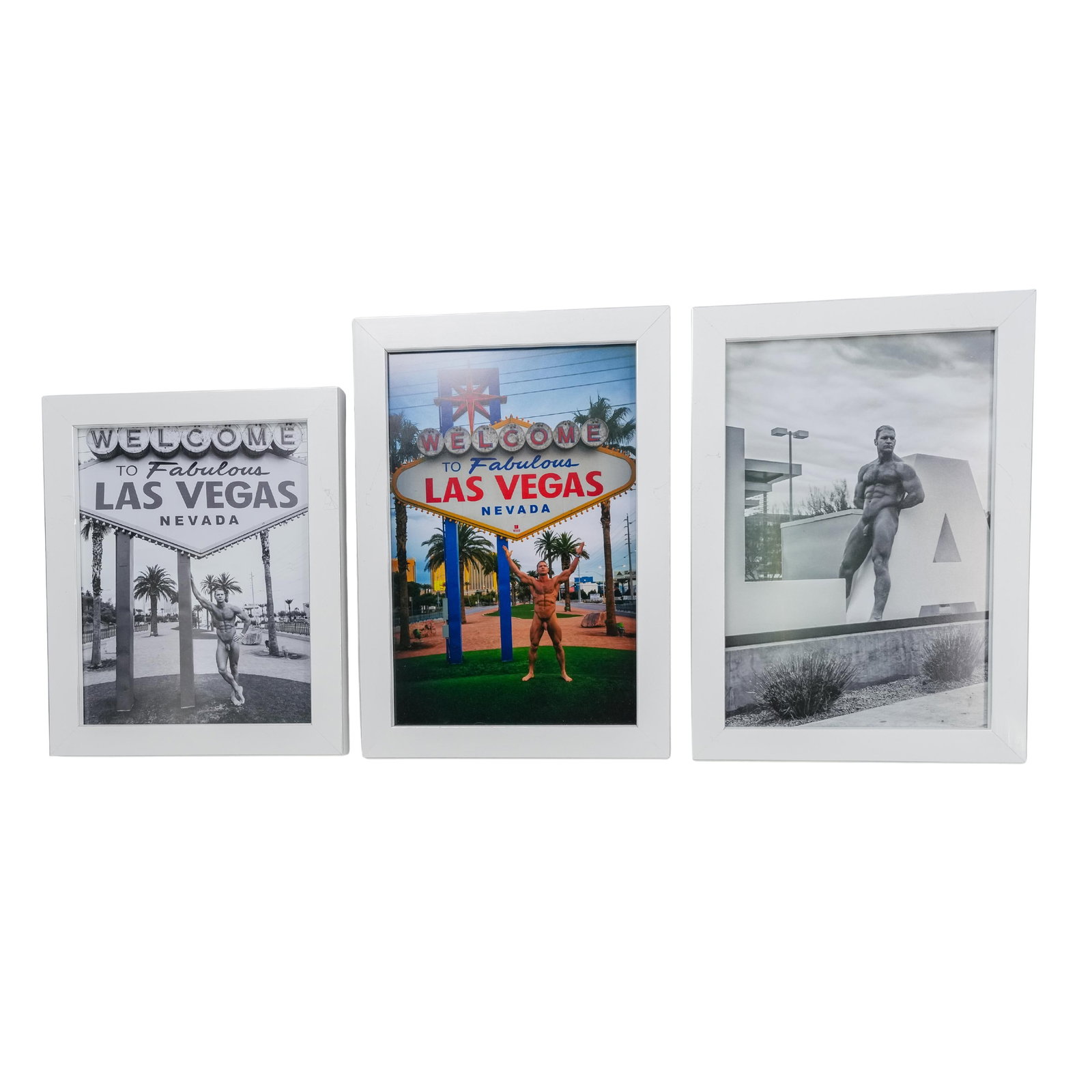 (3 Pc) Erotic Male Photographs: DESCRIPTION: Set of (3) framed photographs, depicting a nude male posing next to the Las Vegas sign. CIRCA: 21st Century ORIGIN: USA DIMENSIONS: (Image) H: 11.25" L: 7.5" (Overall) H: 13.75" W: 1" L: 