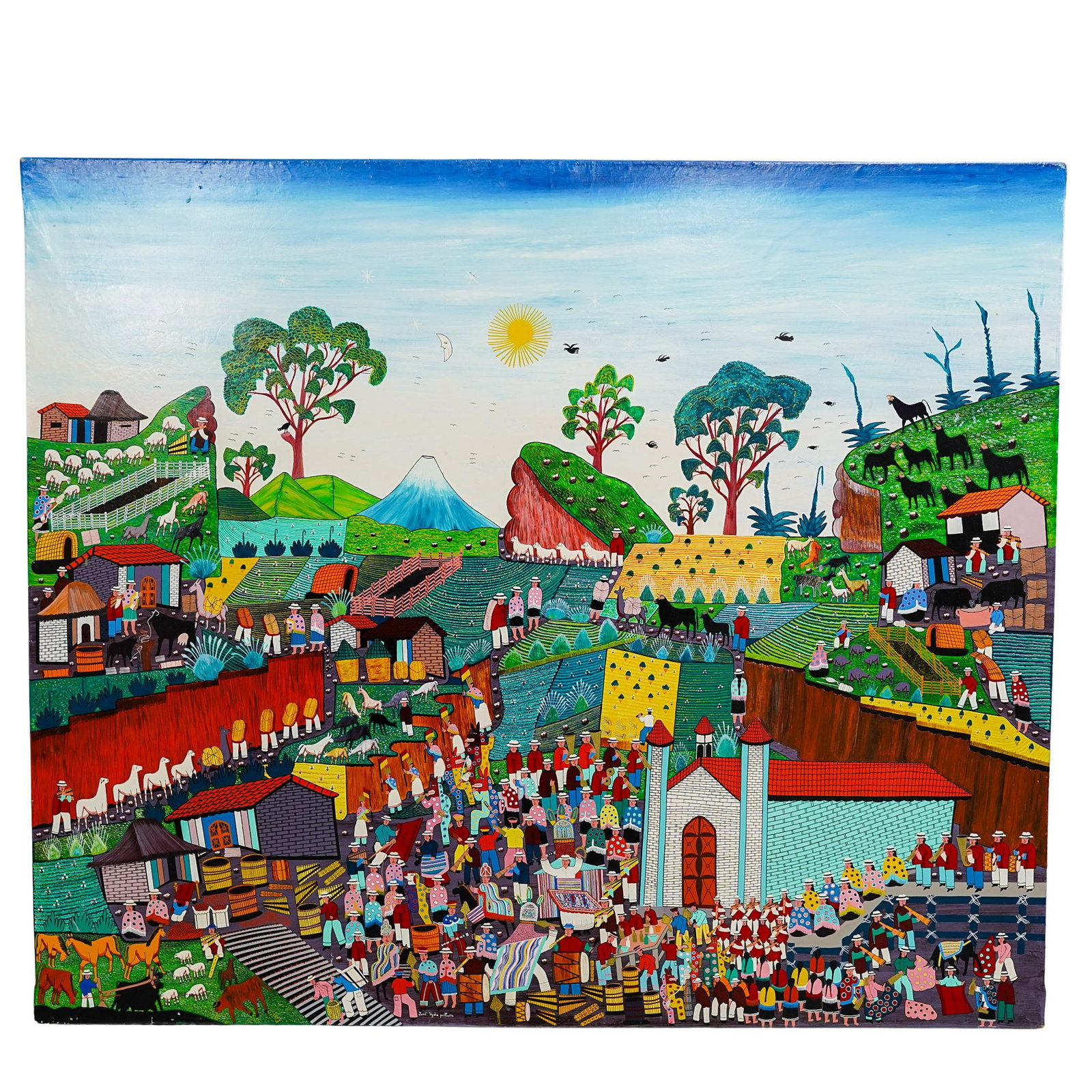Jose Ugsha Pastuna Folk Art: DESCRIPTION: Modern folk art or contemporary scene of a village or city. Acrylic paint on canvas. Marked center bottom with artist "Jose Ugsha Pastuna". CIRCA: 20th-21st century ORIGIN: Continental DI