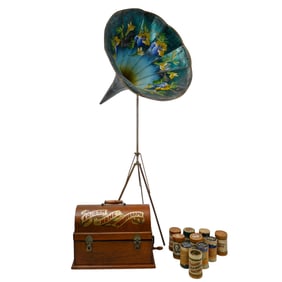 (14 pcs) Edison Home Phonograph with Horn, Stand, and Wax Rolls