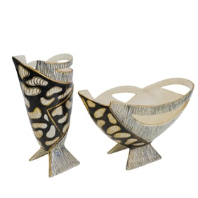 (2 Pc) Italian Black and Gold Ceramic Vases