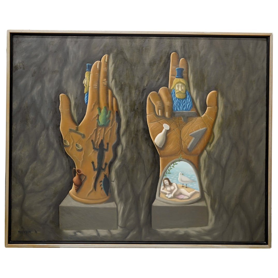 Martin Honisch (German, b. 1942) Oil on Canvas Surrealist Painting: DESCRIPTION: Martin Honisch Oil on canvas painting titled: 'How Exist Without Iron Fences' features surrealist imagery depicted within two hands. Signed l.l. mounted in floater frame. Gallery tag atta