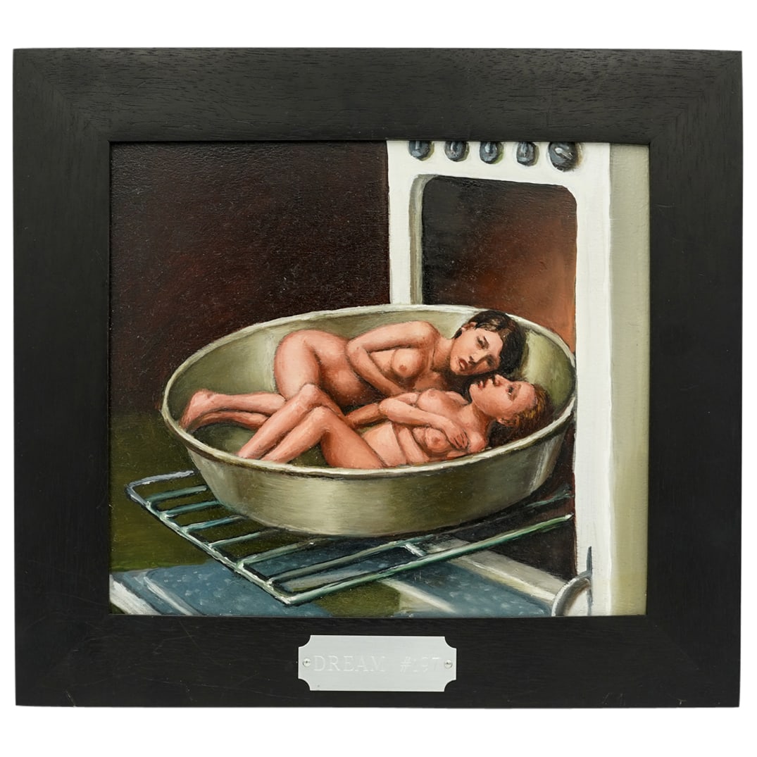 Marion Peck (b. 1963) 'Dream 197' Oil on Panel Painting: DESCRIPTION: Marion Peck (b. 1963) 'Dream 197' Oil on panel painting featuring Peck's traditional surrealist imagery, signed at verso: 'Peck, 2001, Dream #197' Provenance: (Davidson Galleries' Seattle