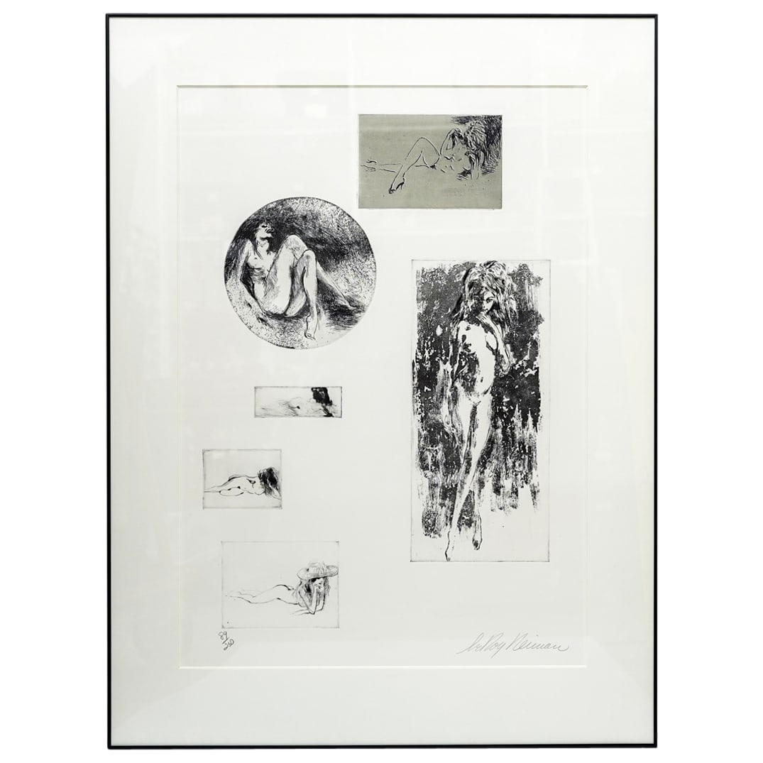 LeRoy Neiman (1921-2012) 'Six Nudes' Erotic Etching on Paper Painting: DESCRIPTION: LeRoy Neiman (1921-2012) Six-plate etching on one-sheet, signed and numbered 89/250 in pencil, mounted in modern black frame. Provenance: Copy of original Gallery Mack, Seattle Washington