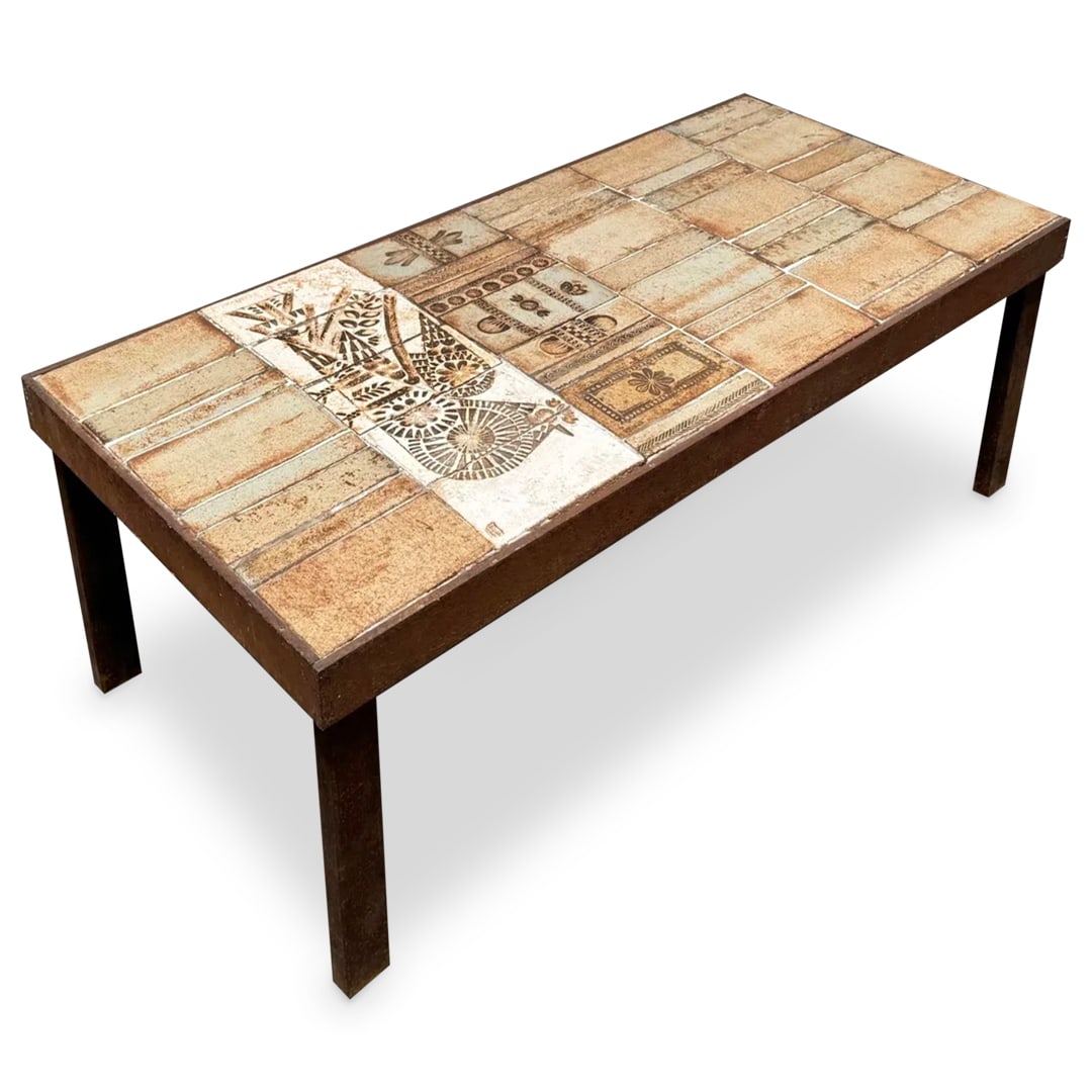 Roger Capron 'Chicken Motif' Ceramic Coffee Table: DESCRIPTION: Roger Capron coffee table produced in Vallauris, France in the 1960s. Imprint makers mark. CIRCA: 1960s ORIGIN: France DIMENSIONS: Height: 11.25" Width: 36.5" Depth: 17.25" CONDITION: Goo