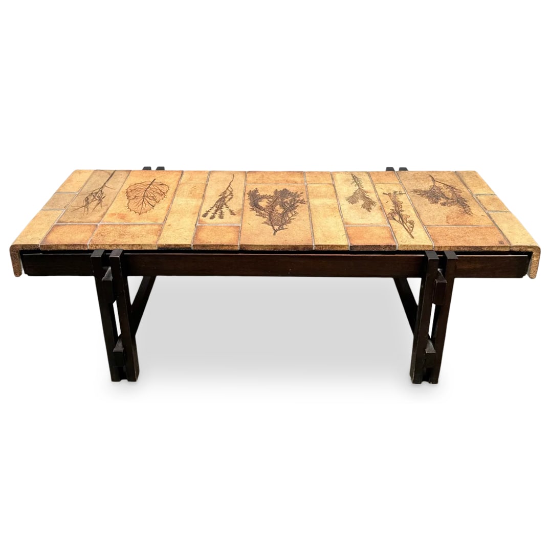 Roger Capron Coffee Table with Garrigue Tiles, Vallauris: DESCRIPTION: Roger Capron coffee table featuring 'Garrigue' tiles - a technique in which real leaves from "lagarrigue", a variety of vegetation indigenous to southeastern France only, are pressed into