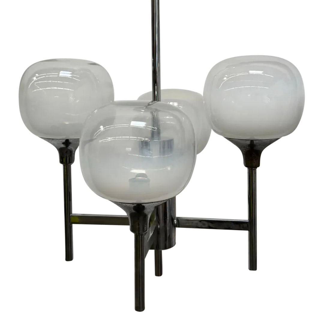 Gaetano Sciolari Space Age Chandelier for Mazzega: DESCRIPTION: Chromed metal and glass chandelier by Gaetano Sciolari for Mazzega. CIRCA: 1960s ORIGIN: Italy DIMENSIONS: Height: 19.5" Diameter: 15.3" CONDITION: Great Condition. Unless otherwise state