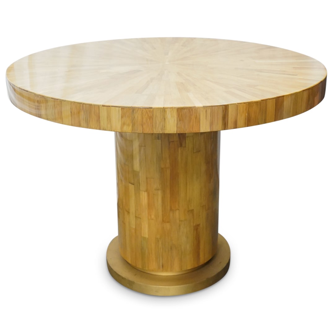 Ron Seff Raffia Wood Marquetry Game Table: DESCRIPTION: Ron Seff Raffia wood marquetry game table in sunburst pattern with brushed brass plinth and round form. CIRCA: 1970s ORIGIN: USA DIMENSIONS: H: 29.5" x D: 40" CONDITION: Great overall con