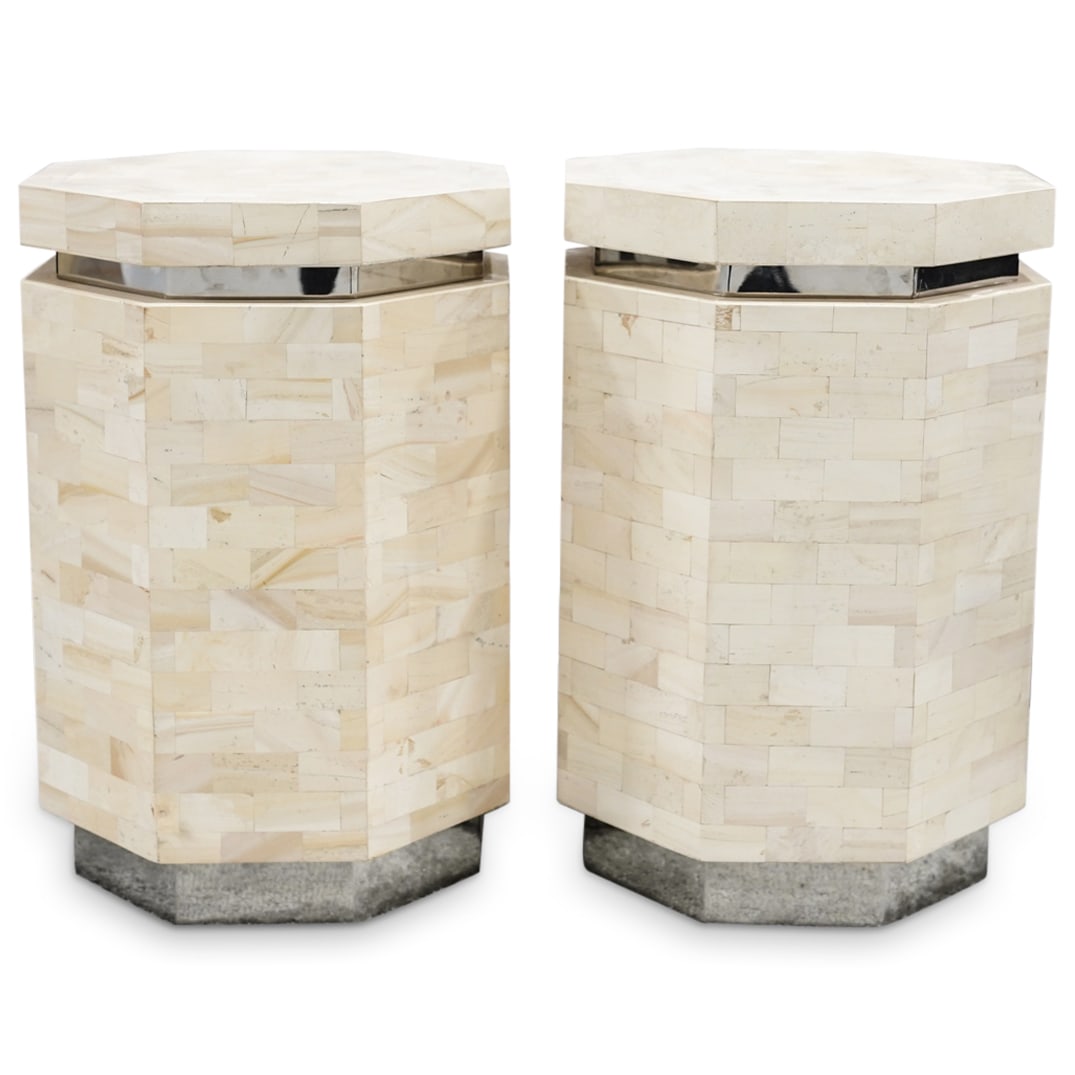 Ron Seff Tessellated Marble Octagonal Pedestals: DESCRIPTION: Ron Seff pair of octagonal formed tessellated marble pedestals. Item Was Directly Purchased From Remaining Inventory Of Ron Seff LTD New York CIRCA: 1980s ORIGIN: USA DIMENSIONS: H: 18" x