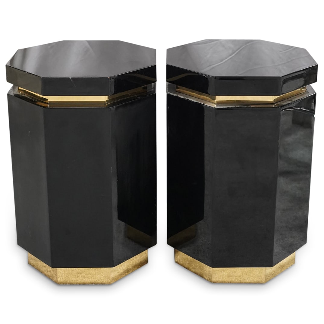 Ron Seff Black Lacquered Octagonal Pedestals: DESCRIPTION: Ron Seff pair of octagonal formed black lacquered pedestals. Item Was Directly Purchased From Remaining Inventory Of Ron Seff LTD New York CIRCA: 1980s ORIGIN: USA DIMENSIONS: H: 18" x D: